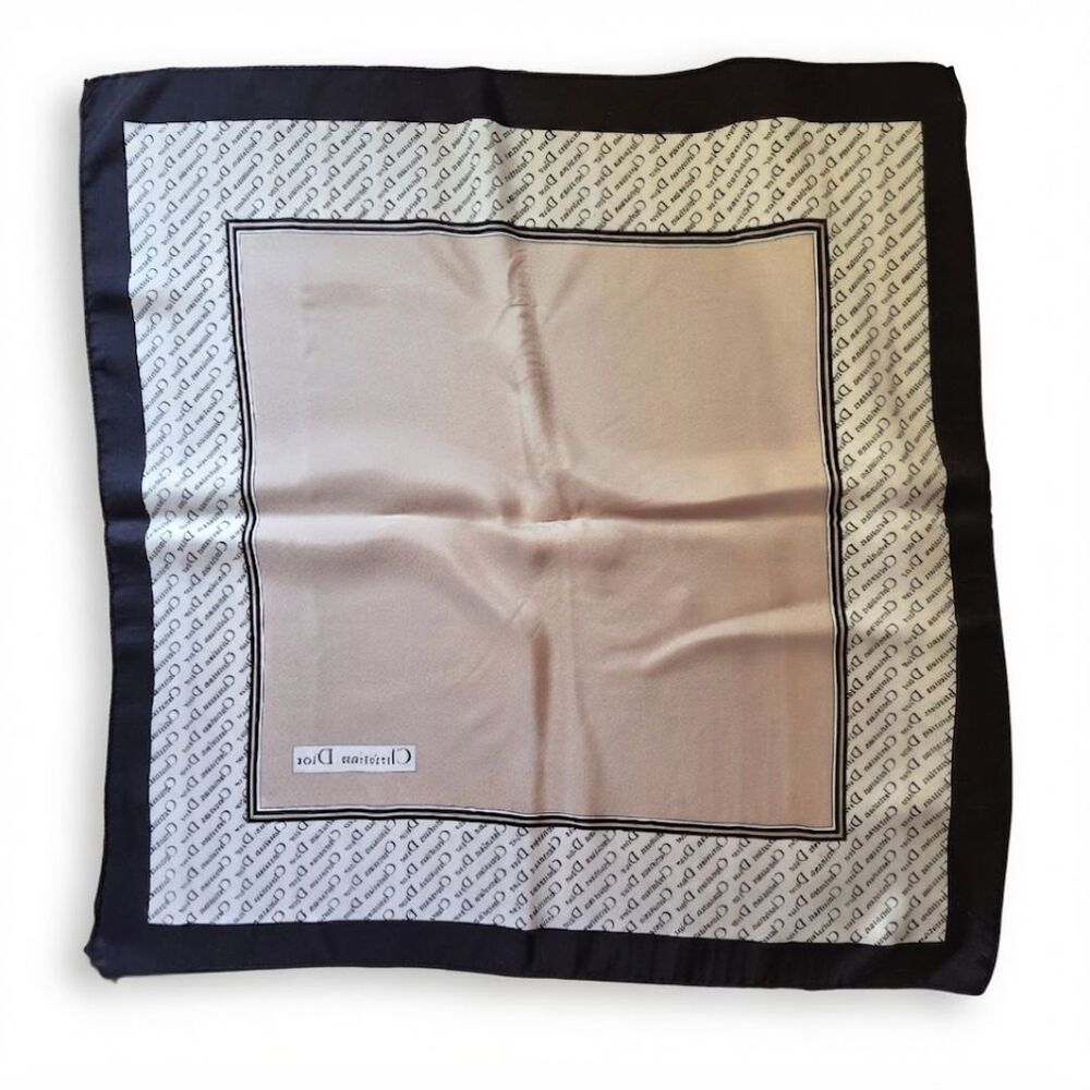 Vintage Christian Dior 100% Silk Scarf Monogram Logo Square Beige Black - Picture 3 of 10